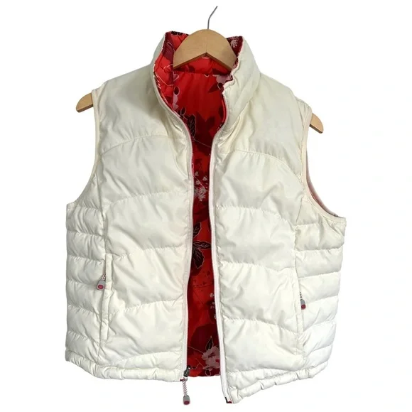 LL Bean Reversible Coral Floral Cream Down Puffer Vest  Size Medium - Picture 9 of 15